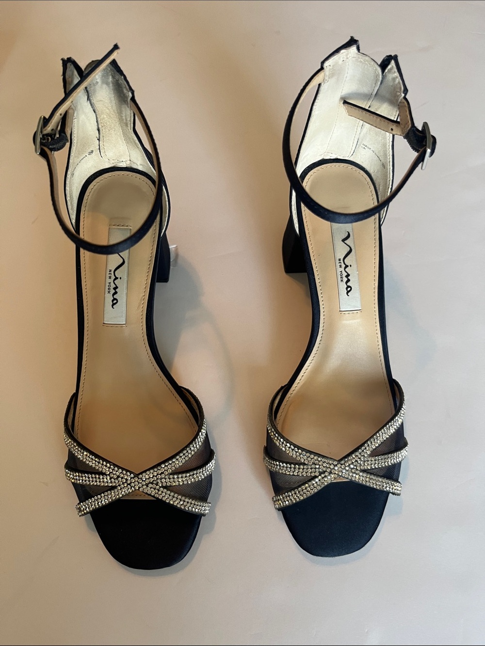 Nina Navy Blue Rhinestone-Strap Block Heel Sandals size 7